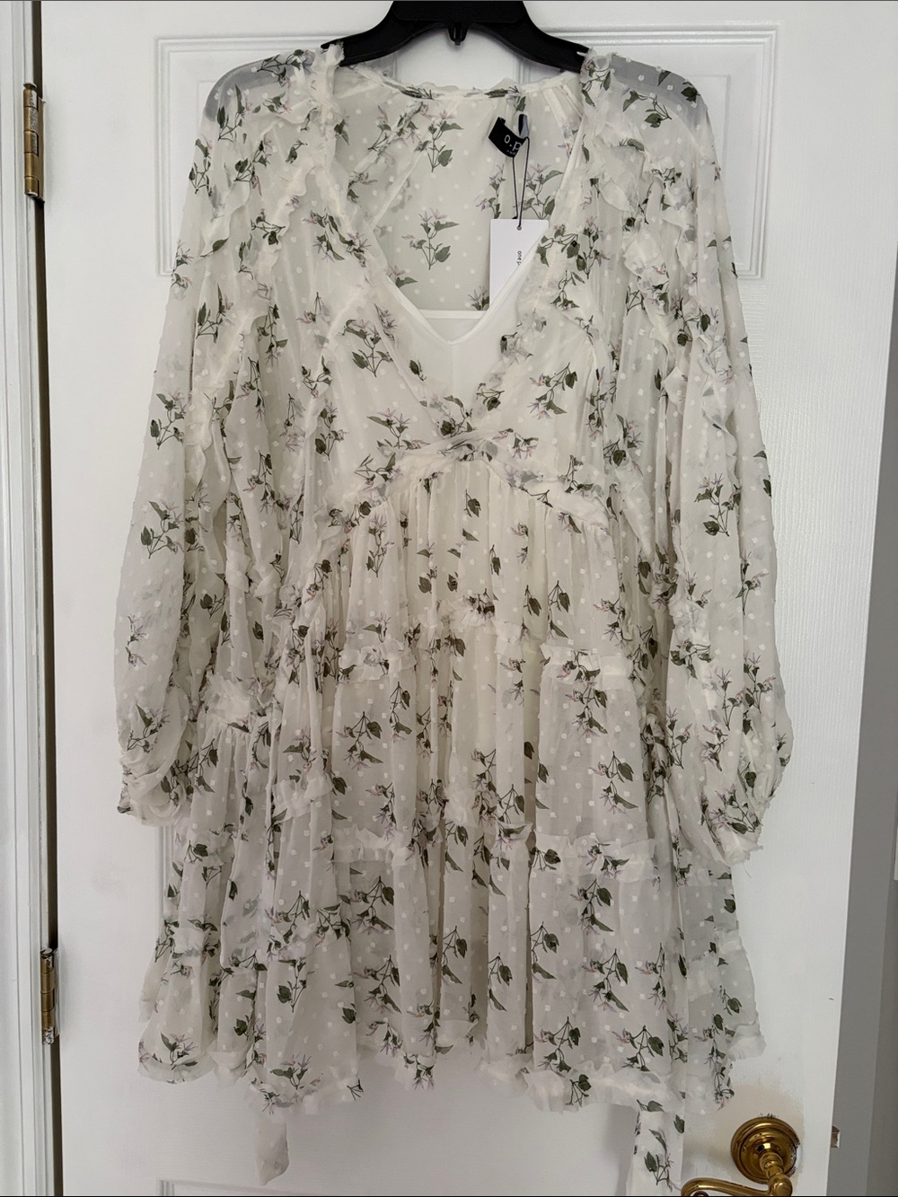 Ivory Floral Midi Dress with V-Neck and Ruffle Trim